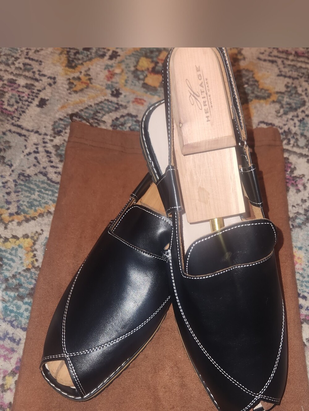 Heritage Black Leather Peshawari Khussa with White Stitching